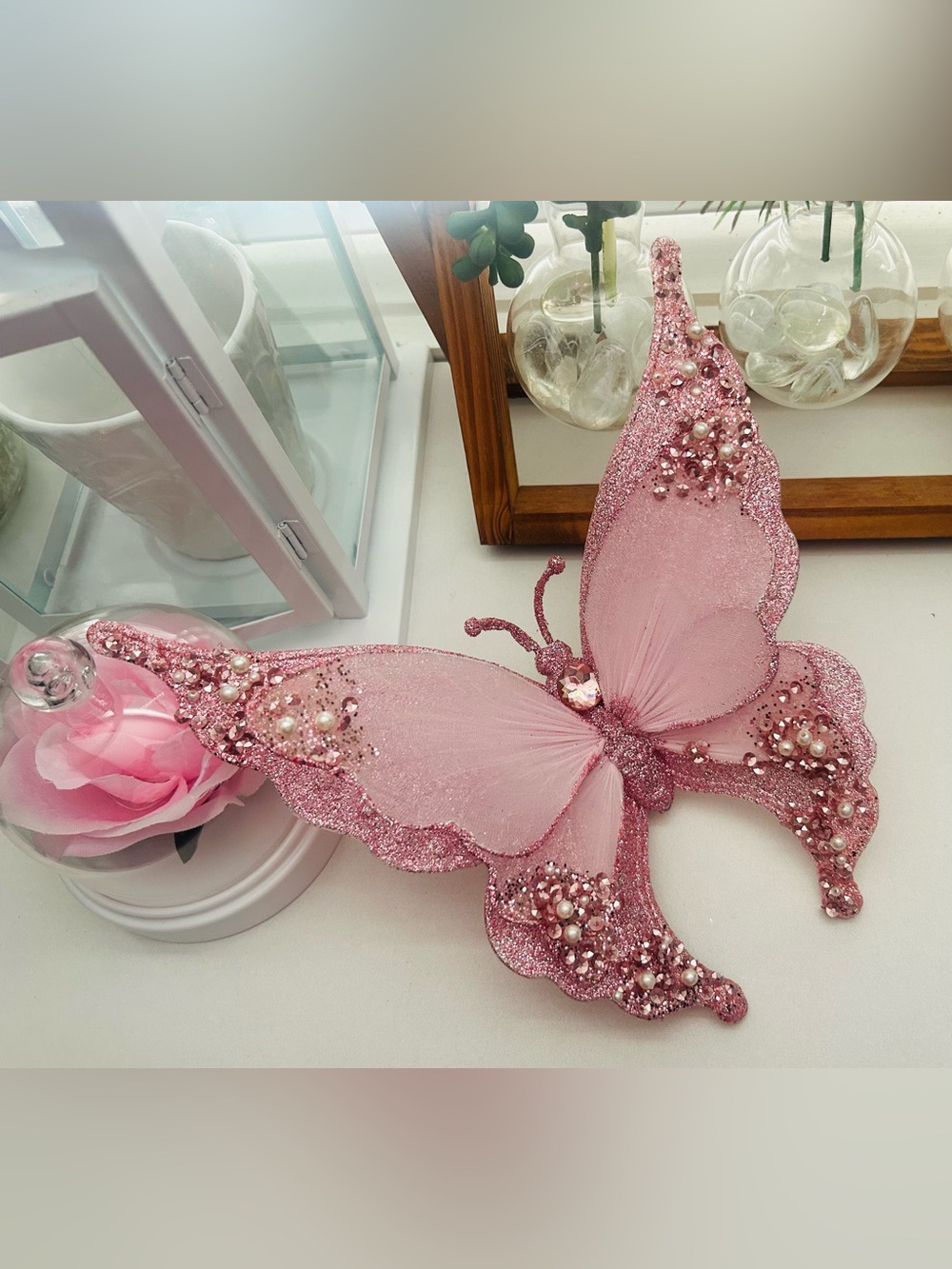 7ct Glitter Pink Butterfly Decorative Christmas Clip Tree Ornament
